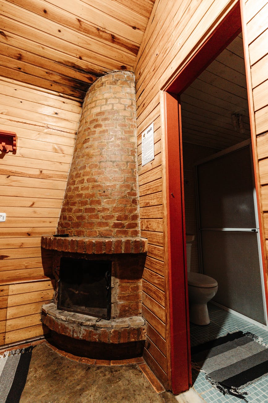 a bathroom near a fireplace