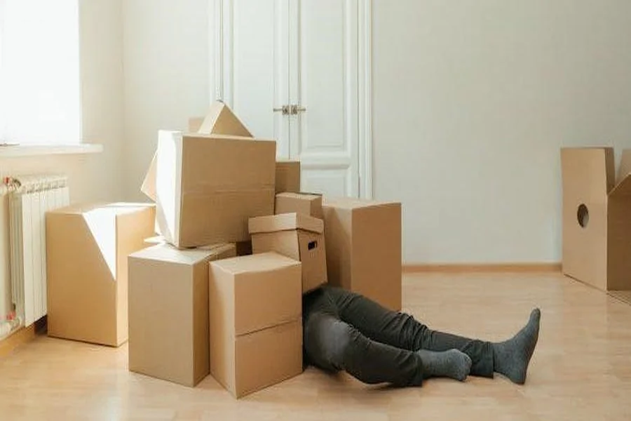 a man covered in moving boxes